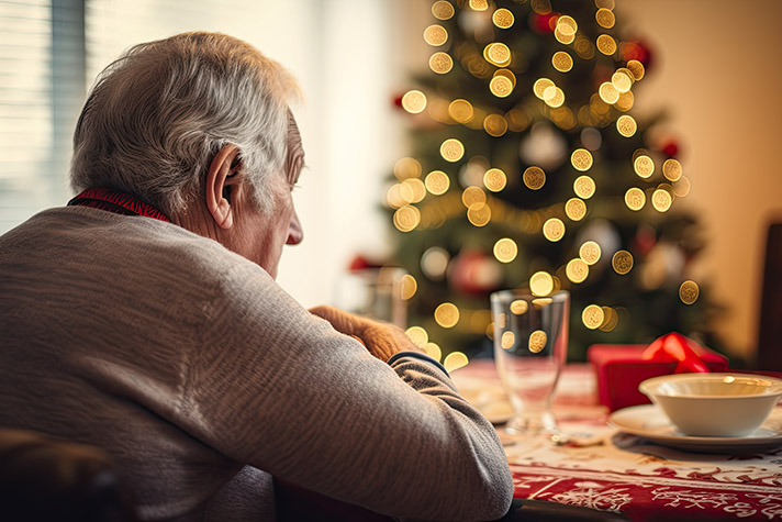 Lonely Elderly Man Christmas Dinner Elderly man looking at a decorated Christmas tree, feeling lonely.