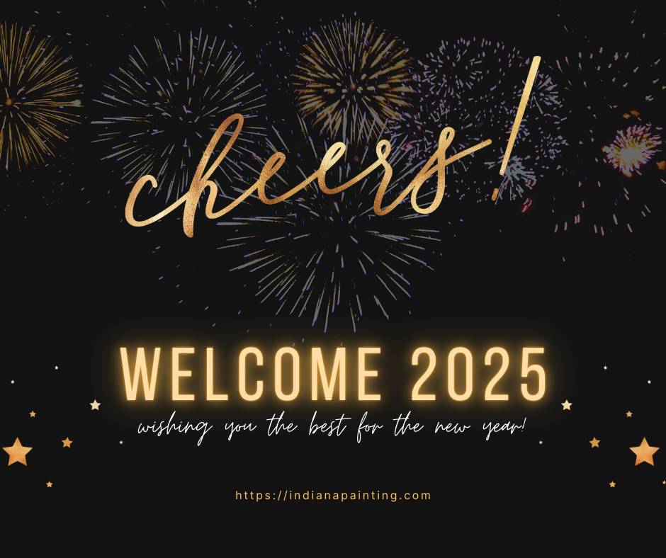 Fireworks and "Cheers! Welcome 2025" text wishing a happy new year.