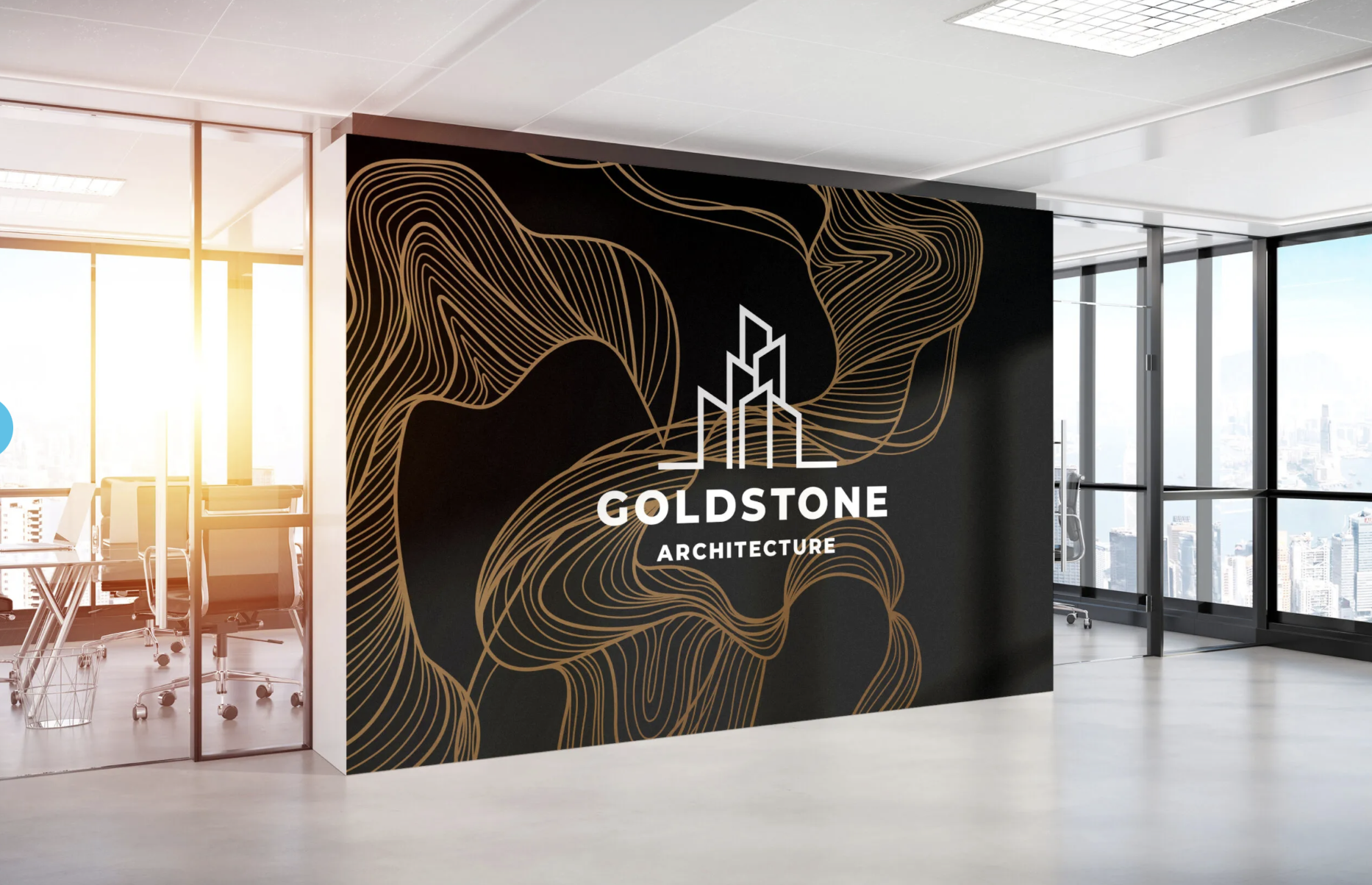 Goldstone Architecture logo on a black accent wall with gold abstract design