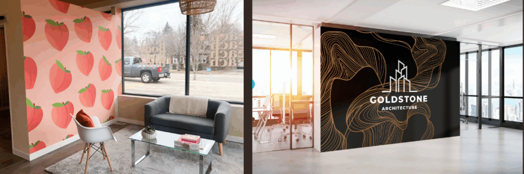 Peach pattern business brand wall next to a modern office with Goldstone Architecture logo