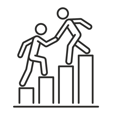 Two stick figures climbing stairs, one helping the other up, symbolizing career growth for local painters.