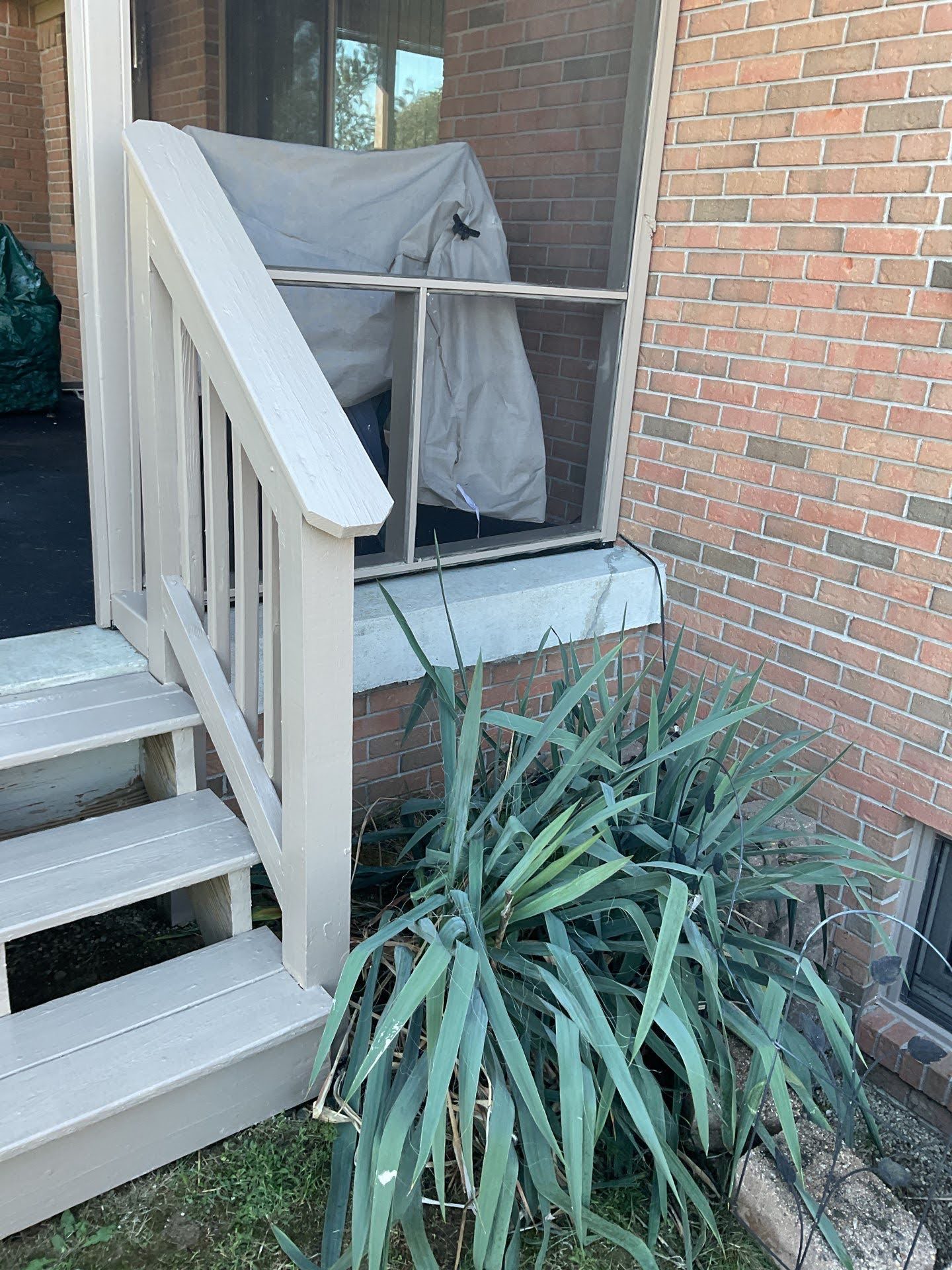 Back Door Stairs With Yucca Plant Exterior view of Lawton Residence deck stairs and brick wall