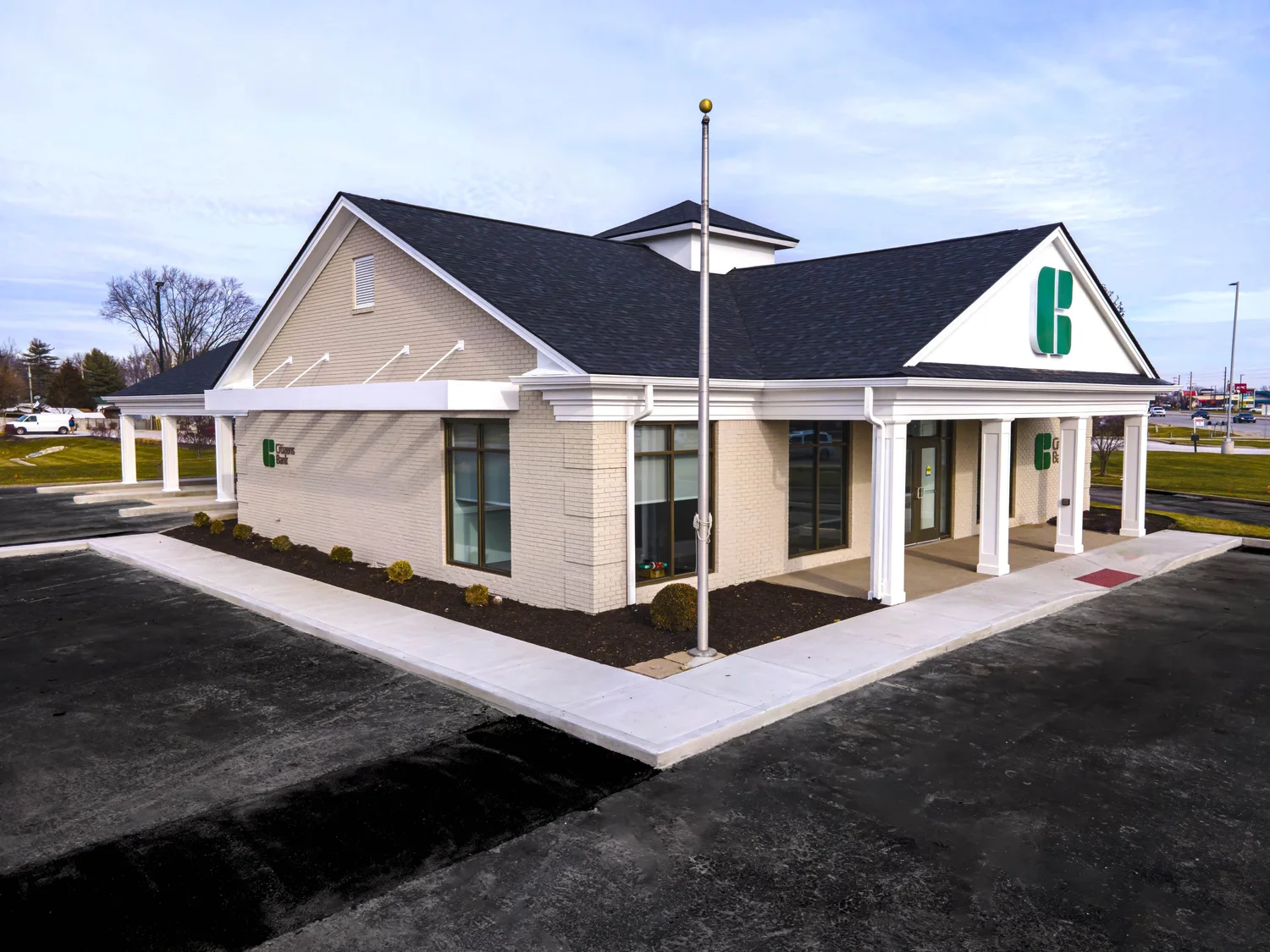 Brick Bank Building Exterior Daylight Citizens Bank commercial building exterior, freshly painted exterior.