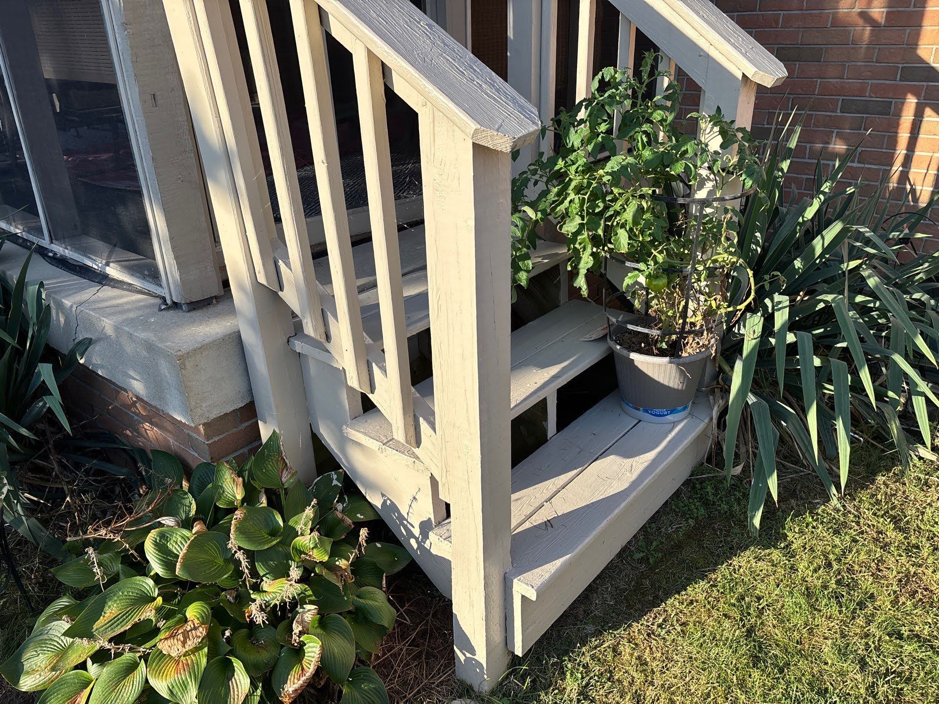 Cream Painted Wooden Porch Stairs With Plants Exterior stairs of Lawton Residence with painted railings and potted plants.