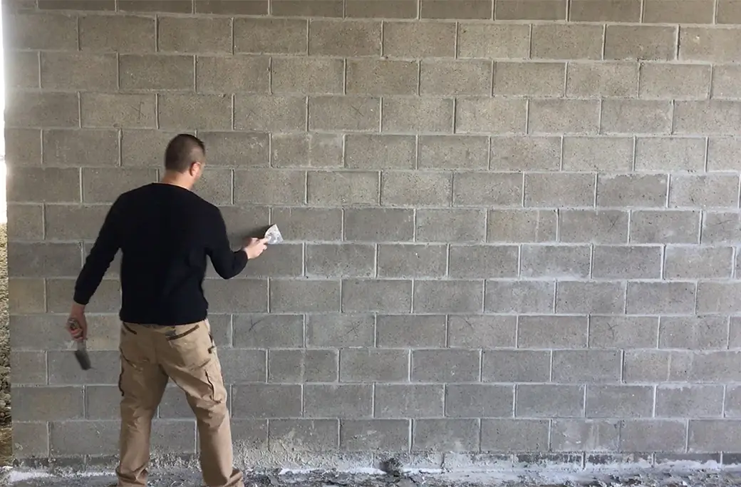 Man patching concrete block wall, potentially for commercial siding repair.