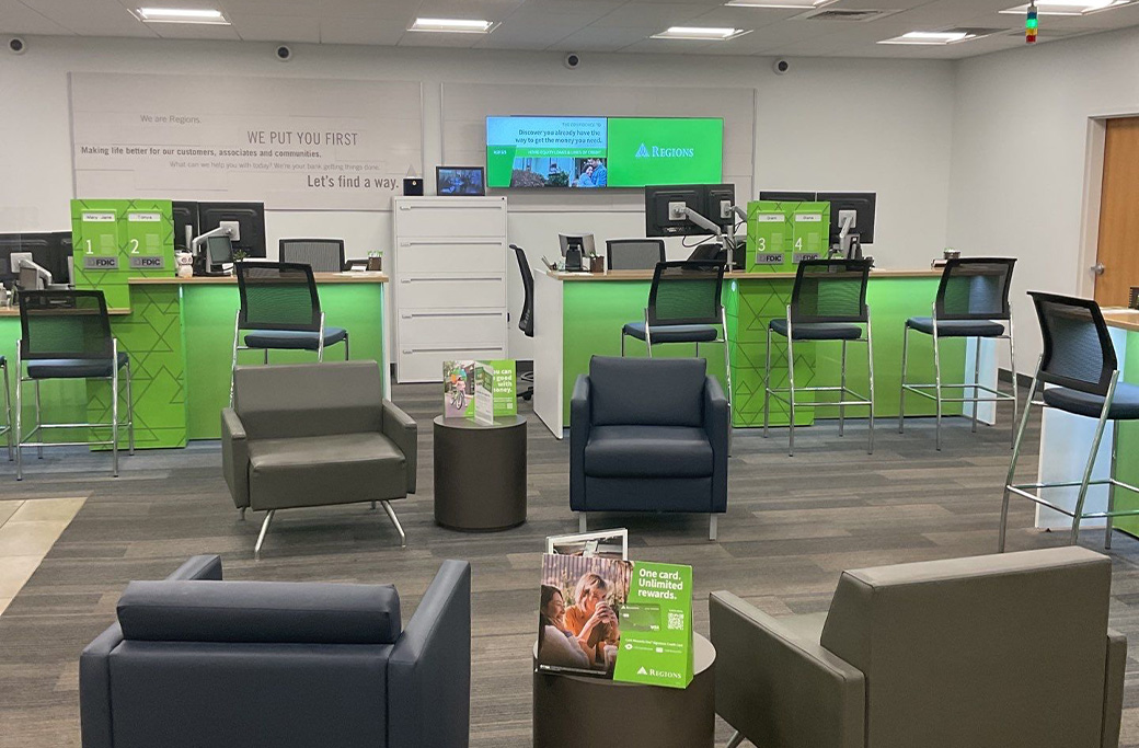 Freshly painted Regions Bank lobby in Frankfort completed by Indiana Painting Company as part of a commercial interior painting project
