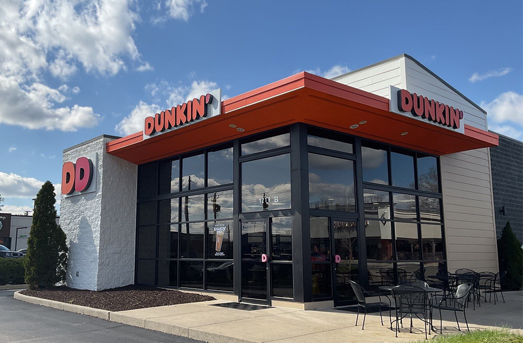 Exterior of a Dunkin’ Donuts location in Indianapolis refreshed with professional commercial painting services by Indiana Painting Company
