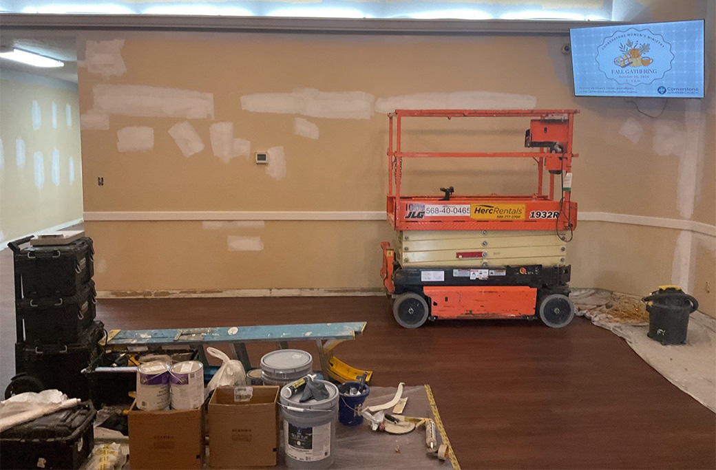 Can a Business Stay Open During Commercial Painting?jpg Commercial painting underway in an active Central Indiana church facility