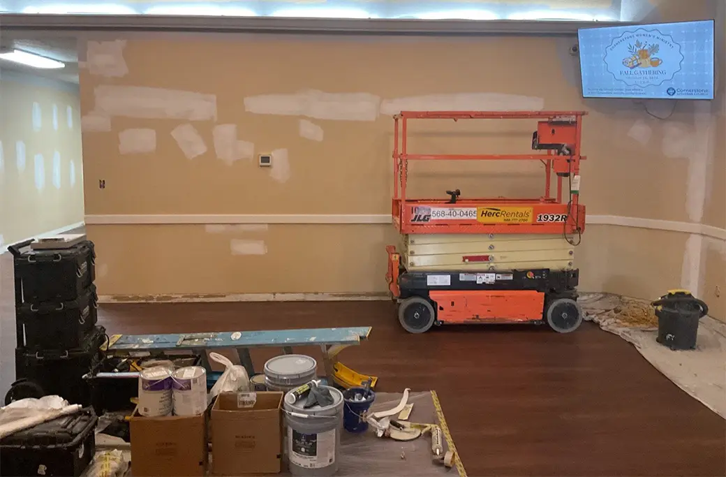 Commercial painting underway in an active Central Indiana church facility