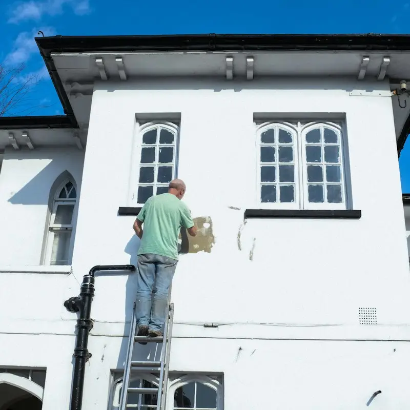 Painter on a ladder painting the exterior of a house white