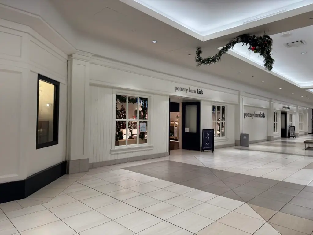 Exterior of Pottery Barn Kids store with festive holiday decor