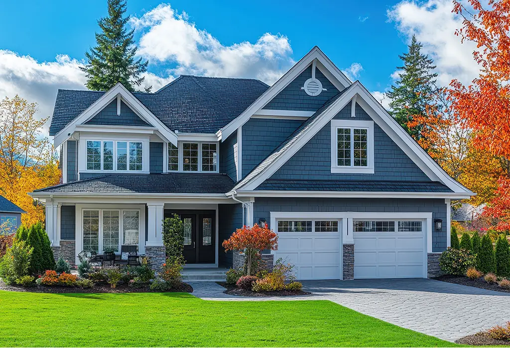 Blue two-story home with white trim